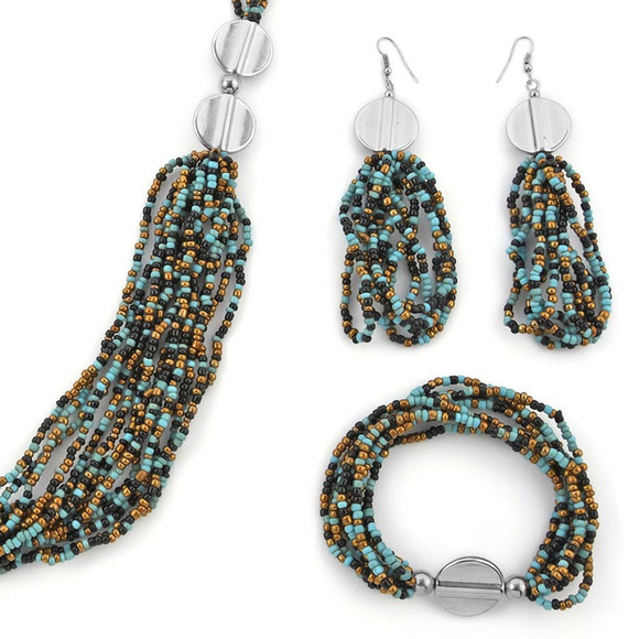 Blue Seed Bead Necklace Bracelet & Earrings Bead Necklace Earring Multi Strand - Picture 4 of 6